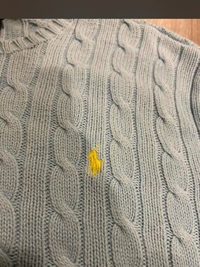 Ralph Lauren Light Blue Cable Knit Crewneck Sweater with Yellow Pony